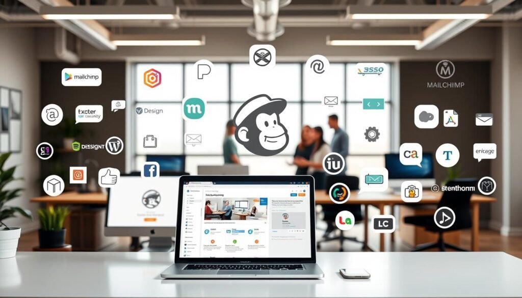 A sleek, modern office workspace with an array of branding and marketing tools seamlessly integrated with a prominent Mailchimp logo. In the foreground, a laptop displays the Mailchimp dashboard, surrounded by various design software, social media platforms, and e-commerce platforms. In the middle ground, a team collaborates, discussing integration possibilities. The background features a minimalist, well-lit environment with large windows, highlighting Mailchimp's versatility and broad compatibility. The overall scene conveys a sense of efficiency, connectivity, and the power of Mailchimp's integrations to support a sales team's digital marketing efforts. A sleek, modern office workspace with an array of branding and marketing tools seamlessly integrated with a prominent Mailchimp logo. In the foreground, a laptop displays the Mailchimp dashboard, surrounded by various design software, social media platforms, and e-commerce platforms. In the middle ground, a team collaborates, discussing integration possibilities. The background features a minimalist, well-lit environment with large windows, highlighting Mailchimp's versatility and broad compatibility. The overall scene conveys a sense of efficiency, connectivity, and the power of Mailchimp's integrations to support a sales team's digital marketing efforts.