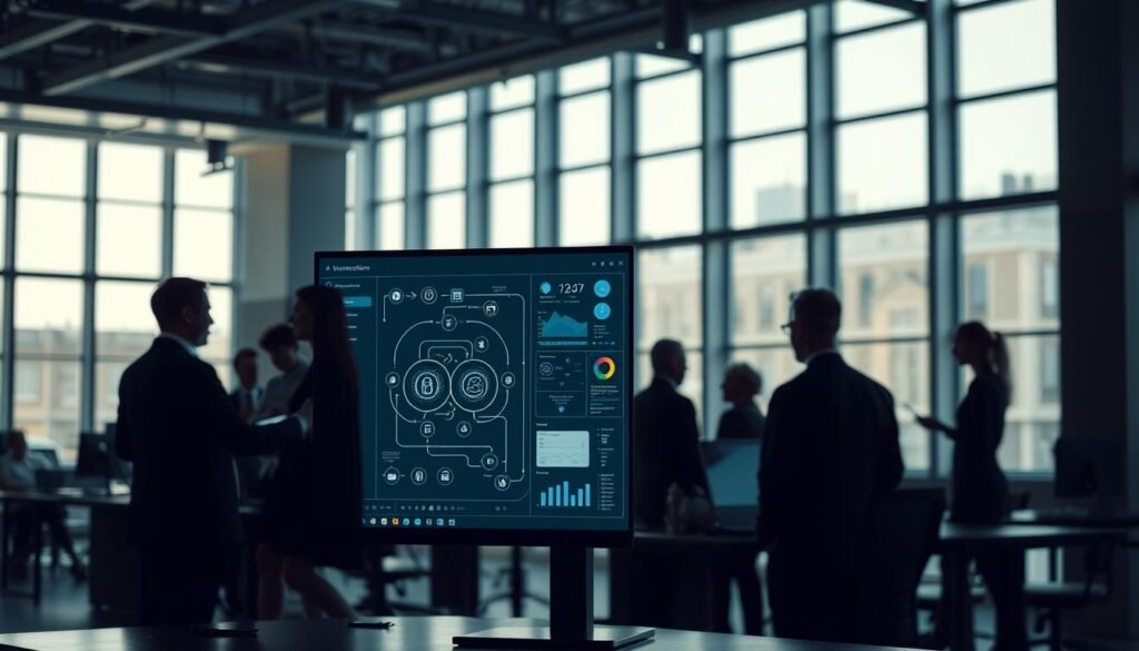 A sleek, modern workspace with a focus on automation workflows. In the foreground, a computer monitor displays a visual dashboard of interconnected processes, icons, and data visualizations, bathed in a soft, ambient lighting. In the middle ground, the silhouettes of office workers collaboratively interacting with the system, their movements accentuated by backlighting. The background features clean, minimalist architecture with large windows, allowing natural light to cascade over the scene, creating a sense of openness and efficiency. The overall mood is one of streamlined productivity, with technology seamlessly enhancing human ingenuity. A sleek, modern workspace with a focus on automation workflows. In the foreground, a computer monitor displays a visual dashboard of interconnected processes, icons, and data visualizations, bathed in a soft, ambient lighting. In the middle ground, the silhouettes of office workers collaboratively interacting with the system, their movements accentuated by backlighting. The background features clean, minimalist architecture with large windows, allowing natural light to cascade over the scene, creating a sense of openness and efficiency. The overall mood is one of streamlined productivity, with technology seamlessly enhancing human ingenuity.