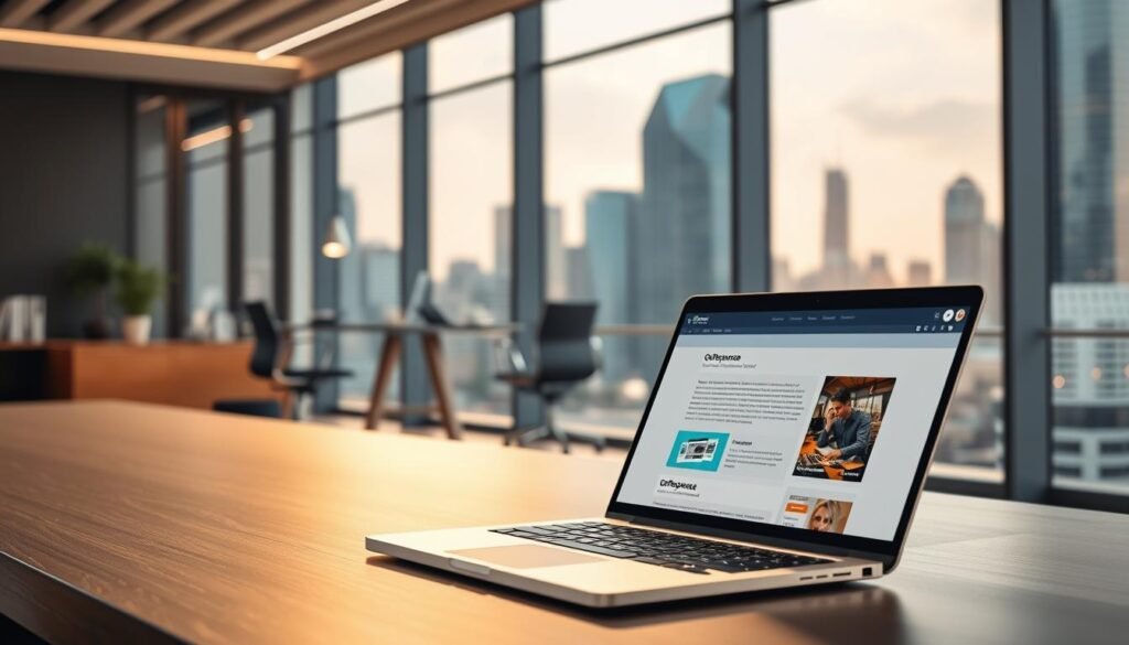 A sophisticated office setting with a modern, minimalist design. In the foreground, a sleek laptop displays the GetResponse email automation interface, showcasing its intuitive user experience and advanced features. The middle ground features a professional working environment, with a standing desk, ergonomic chair, and tasteful decor elements that evoke productivity and efficiency. The background depicts a panoramic city skyline, with tall glass buildings bathed in warm, natural lighting, creating a sense of urban innovation and global connectivity. The overall atmosphere conveys the power and versatility of GetResponse's comprehensive email marketing and automation capabilities. A sophisticated office setting with a modern, minimalist design. In the foreground, a sleek laptop displays the GetResponse email automation interface, showcasing its intuitive user experience and advanced features. The middle ground features a professional working environment, with a standing desk, ergonomic chair, and tasteful decor elements that evoke productivity and efficiency. The background depicts a panoramic city skyline, with tall glass buildings bathed in warm, natural lighting, creating a sense of urban innovation and global connectivity. The overall atmosphere conveys the power and versatility of GetResponse's comprehensive email marketing and automation capabilities.