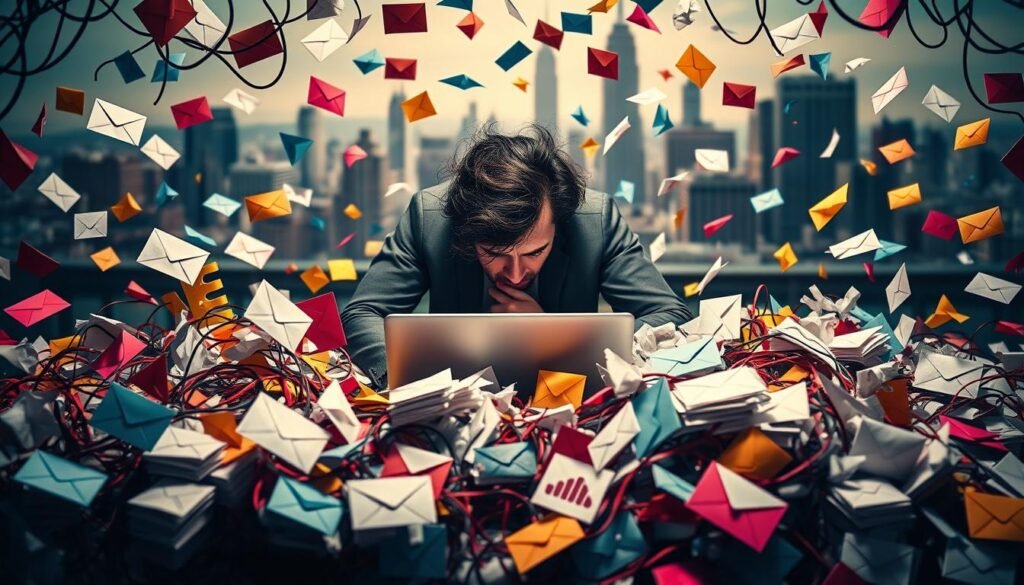 A vibrant and chaotic scene of email marketing campaigns gone awry. In the foreground, a tangled web of colorful email icons, open envelopes, and scattered data charts, conveying the disorganized nature of common mistakes. In the middle ground, a frustrated creator hunched over a laptop, surrounded by crumpled to-do lists and overflowing inboxes. The background is a blurred cityscape, hinting at the wider business landscape these campaigns are navigating. Dramatic lighting casts deep shadows, creating a sense of urgency and unease. The overall atmosphere is one of overwhelming complexity, with the creator struggling to maintain control amidst the chaos of their email marketing efforts. A vibrant and chaotic scene of email marketing campaigns gone awry. In the foreground, a tangled web of colorful email icons, open envelopes, and scattered data charts, conveying the disorganized nature of common mistakes. In the middle ground, a frustrated creator hunched over a laptop, surrounded by crumpled to-do lists and overflowing inboxes. The background is a blurred cityscape, hinting at the wider business landscape these campaigns are navigating. Dramatic lighting casts deep shadows, creating a sense of urgency and unease. The overall atmosphere is one of overwhelming complexity, with the creator struggling to maintain control amidst the chaos of their email marketing efforts.