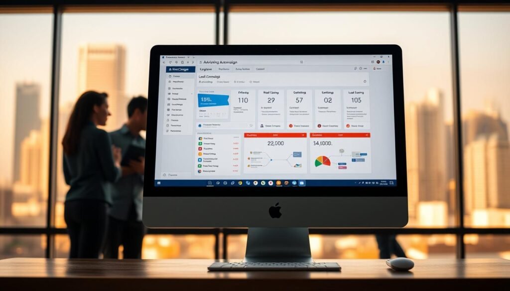 A vibrant and dynamic image of ActiveCampaign's marketing automation features. In the foreground, a sleek and modern desktop computer with a clean, minimalist interface. On the screen, a visual representation of automated workflows, email campaigns, and lead scoring, all coming together in a seamless display. In the middle ground, a team of professionals collaborating, strategizing, and optimizing their marketing efforts. The background is filled with a warm, soft-focused cityscape, conveying a sense of productivity and innovation. The lighting is natural and diffused, creating a welcoming and professional atmosphere. The overall composition is crisp, well-balanced, and evocative of the power and sophistication of ActiveCampaign's marketing automation capabilities. A vibrant and dynamic image of ActiveCampaign's marketing automation features. In the foreground, a sleek and modern desktop computer with a clean, minimalist interface. On the screen, a visual representation of automated workflows, email campaigns, and lead scoring, all coming together in a seamless display. In the middle ground, a team of professionals collaborating, strategizing, and optimizing their marketing efforts. The background is filled with a warm, soft-focused cityscape, conveying a sense of productivity and innovation. The lighting is natural and diffused, creating a welcoming and professional atmosphere. The overall composition is crisp, well-balanced, and evocative of the power and sophistication of ActiveCampaign's marketing automation capabilities.