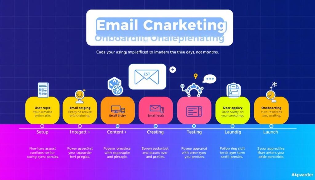 A vibrant, clean-lined diagram illustrating the stages of an efficient email marketing onboarding implementation. In the foreground, a timeline with well-defined milestones and checkpoints, conveying a sense of rapid progress. In the middle ground, dynamic icons and visuals representing the key steps - setup, integration, content creation, testing, and launch. The background features a sleek, minimalist grid pattern suggesting efficiency and structure. The overall aesthetic is modern, high-tech, and inspirational, evoking a swift, streamlined onboarding process that can be achieved in a matter of days, not months. A vibrant, clean-lined diagram illustrating the stages of an efficient email marketing onboarding implementation. In the foreground, a timeline with well-defined milestones and checkpoints, conveying a sense of rapid progress. In the middle ground, dynamic icons and visuals representing the key steps - setup, integration, content creation, testing, and launch. The background features a sleek, minimalist grid pattern suggesting efficiency and structure. The overall aesthetic is modern, high-tech, and inspirational, evoking a swift, streamlined onboarding process that can be achieved in a matter of days, not months.