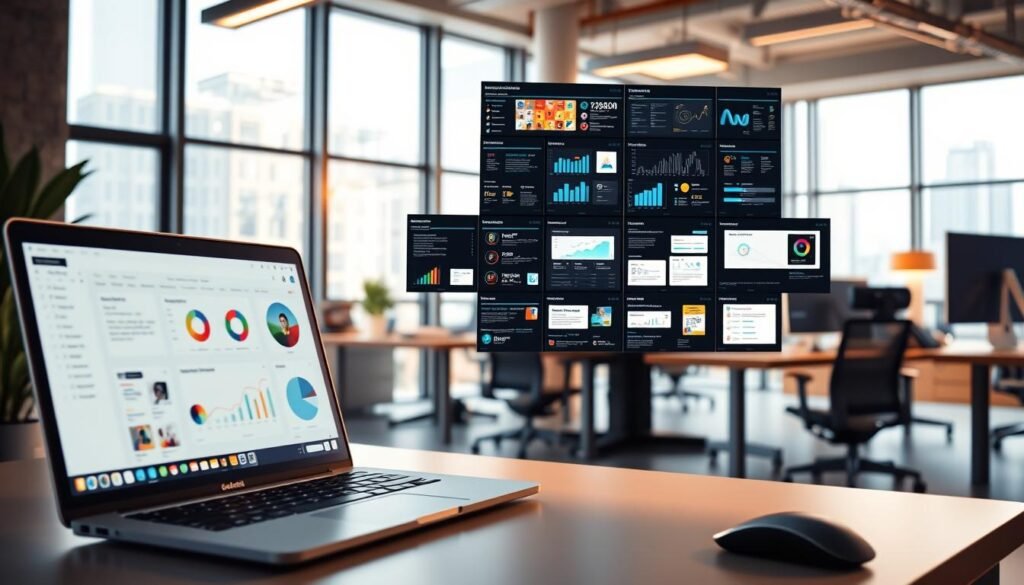 A vibrant, collaborative workspace with a stack of email marketing tools and applications. In the foreground, a modern laptop, keyboard, and mouse setup, bathed in warm, soft lighting. In the middle ground, a collage of digital screens displaying various email campaign analytics, metrics, and workflow management tools. The background features a minimalist office environment with sleek, ergonomic furniture and large windows, allowing natural light to pour in, creating a sense of openness and productivity. The overall scene conveys a well-organized, efficient, and tech-savvy email marketing workflow optimized for remote team collaboration.