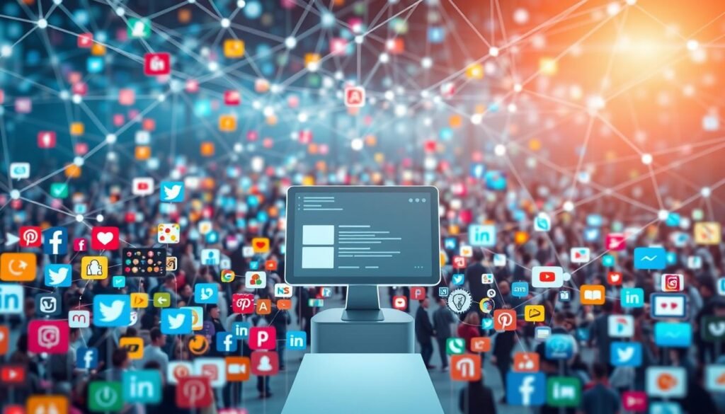 A vibrant digital landscape, a web of interconnected platforms and channels. In the foreground, a dynamic collage of social media icons, each one a distinctive symbol of a thriving online community. The middle ground features a sleek, minimalist user interface, a gateway to real-time interactions, content sharing, and relationship building. In the background, a soft, ambient glow illuminates the scene, suggesting the constant, ever-evolving nature of the digital world. Captured with a wide-angle lens, the image conveys a sense of depth and the interconnectedness of the social and service layers that support the lifecycle of digital engagement. The overall mood is one of energy, progression, and the seamless integration of technology into our daily lives.