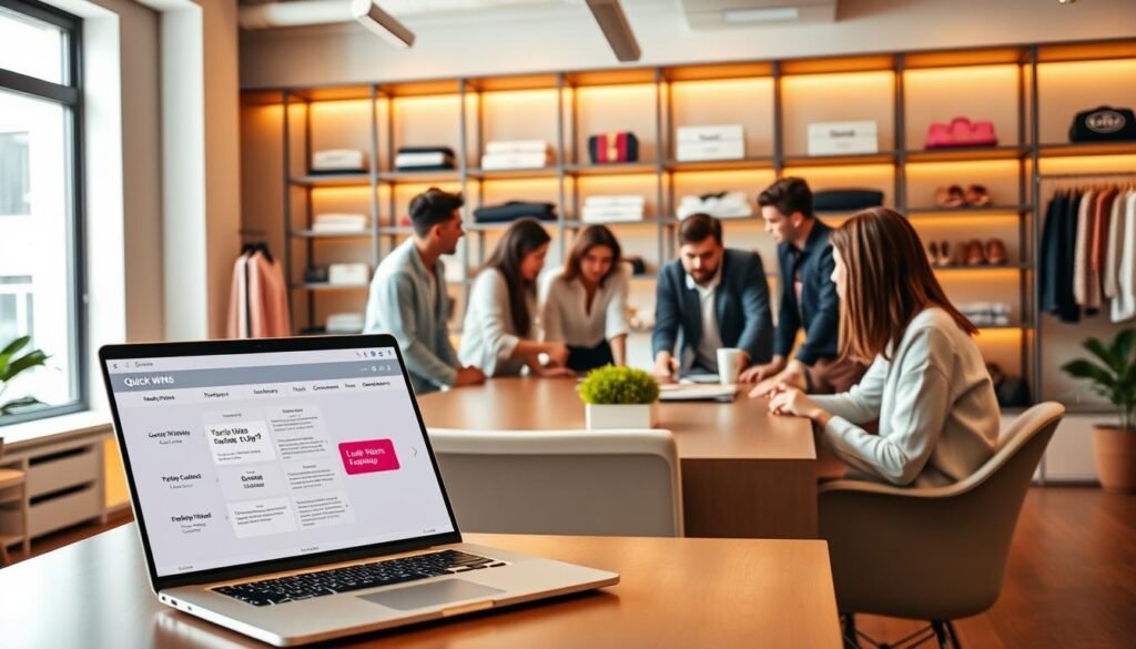 A vibrant ecommerce workspace with a team of fashion designers and marketers collaborating on a digital dashboard. In the foreground, a stylish laptop displays an interactive timeline of "quick wins" and a rollout plan for new fashion products. In the middle ground, a team brainstorms around a modern conference table, their expressions focused and determined. The background features sleek, minimalist shelving units filled with fashion samples and branded materials, bathed in warm, natural lighting from large windows. The overall atmosphere conveys a sense of efficiency, creativity, and a shared mission to drive the brand's ecommerce success. A vibrant ecommerce workspace with a team of fashion designers and marketers collaborating on a digital dashboard. In the foreground, a stylish laptop displays an interactive timeline of "quick wins" and a rollout plan for new fashion products. In the middle ground, a team brainstorms around a modern conference table, their expressions focused and determined. The background features sleek, minimalist shelving units filled with fashion samples and branded materials, bathed in warm, natural lighting from large windows. The overall atmosphere conveys a sense of efficiency, creativity, and a shared mission to drive the brand's ecommerce success.