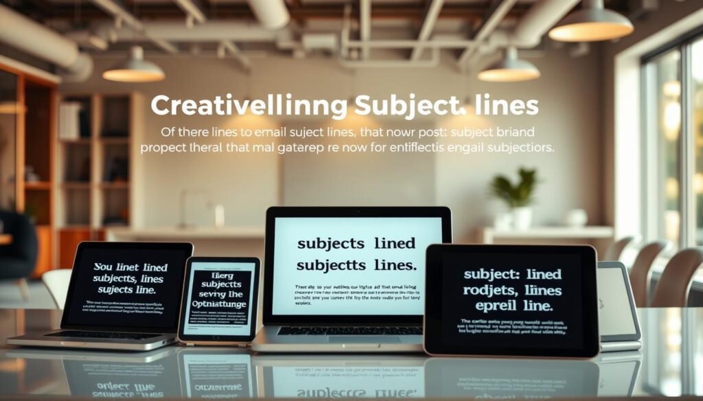 A vibrant, glossy display of creative email subject lines against a backdrop of a modern office. In the foreground, a selection of digital devices showcasing captivating subject lines that spark curiosity and compel readers to re-engage. The middle ground features a stylized grid layout, highlighting the power of subject line optimization. The background subtly blends a minimalist workspace with hints of digital elements, conveying a sense of technological sophistication. Warm, natural lighting illuminates the scene, creating a refined and inviting atmosphere that embodies the essence of effective email marketing strategies for re-engaging subscribers. A vibrant, glossy display of creative email subject lines against a backdrop of a modern office. In the foreground, a selection of digital devices showcasing captivating subject lines that spark curiosity and compel readers to re-engage. The middle ground features a stylized grid layout, highlighting the power of subject line optimization. The background subtly blends a minimalist workspace with hints of digital elements, conveying a sense of technological sophistication. Warm, natural lighting illuminates the scene, creating a refined and inviting atmosphere that embodies the essence of effective email marketing strategies for re-engaging subscribers.