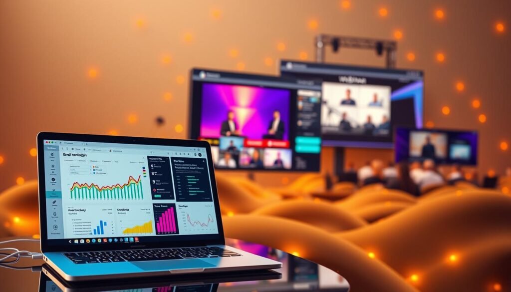 A vibrant, interconnected digital landscape depicting the synergetic relationship between email marketing, webinar platforms, and event registration tools. In the foreground, a sleek laptop displays email campaign analytics, seamlessly interwoven with colorful data visualizations. In the middle ground, a larger-than-life webinar interface showcases interactive presentation slides, while attendees engage in real-time. The background features a modern event registration system, its intuitive interface blending seamlessly with the overall tech stack. Warm, muted lighting casts a sense of professionalism and efficiency, conveying the harmonious integration of these essential event management technologies.