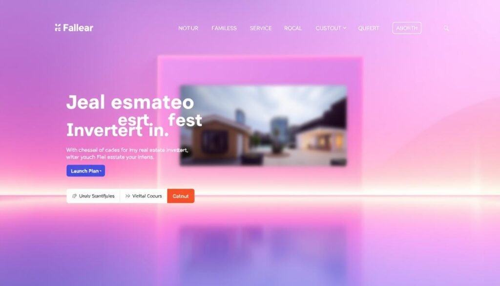 A vibrant, modern landing page with a sleek, minimalist design. The foreground features a clean user interface with bold call-to-action buttons, intuitive navigation, and crisp typography. The middle ground showcases a captivating hero image or video background, highlighting the product or service. The background incorporates subtle design elements, such as gradient overlays, geometric patterns, or abstract shapes, to create a visually striking and professional-looking layout. The lighting is soft and evenly distributed, creating a polished, high-quality appearance. The overall atmosphere conveys a sense of simplicity, efficiency, and a user-centric approach, suitable for a practical launch plan in the real estate investment industry.