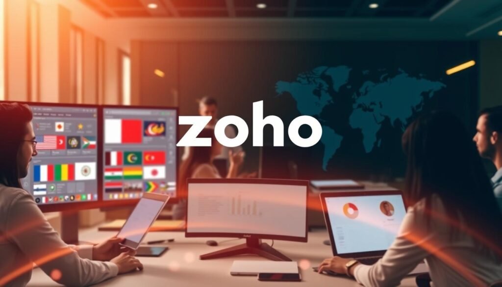 A visually striking and cohesive brand image for Zoho, showcasing its multilingual capabilities. In the foreground, a diverse group of professionals from various cultural backgrounds interacting with Zoho's intuitive software interface, displayed on high-resolution monitors. In the middle ground, the Zoho logo prominently featured, with subtly integrated national flags representing its global reach. The background features a seamless blend of modern office setting, warm lighting, and a subtle world map motif, conveying Zoho's commitment to supporting distributed, multilingual teams. The overall aesthetic is sleek, professional, and technologically advanced, reflecting Zoho's position as a leading email marketing platform for global organizations.