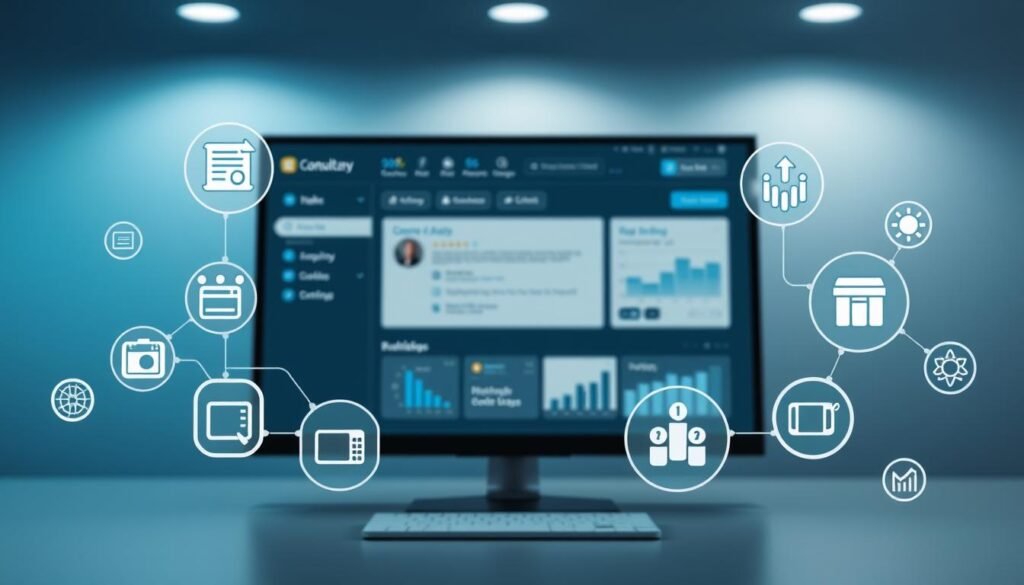 A visually striking website dashboard showcasing various productivity integrations. In the foreground, crisp icons representing CRM, scheduling, and analytics tools seamlessly connect to a central website mockup. The middle ground features sleek interface designs, clean typography, and subtle data visualizations. In the background, a soft, ambient lighting creates a professional, tech-savvy atmosphere, complemented by a muted color palette of blues, grays, and whites. The overall composition conveys the efficient, integrated experience of managing a consultancy business through a modern, intuitive web platform.