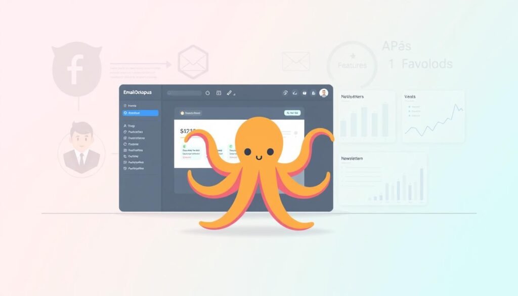 A well-lit, digital illustration showcasing the EmailOctopus free plan. In the foreground, a friendly octopus avatar adorns a sleek, minimalist email editor interface. The octopus extends its tentacles, highlighting the plan's generous free allowance for simple newsletters. In the middle ground, elegant graphs and charts depict the platform's key features and capabilities. The background features a softly blurred, pastel-tinted gradient, creating a calm, professional atmosphere. The overall composition conveys EmailOctopus as a user-friendly, capable email marketing solution suitable for small businesses and freelancers. A well-lit, digital illustration showcasing the EmailOctopus free plan. In the foreground, a friendly octopus avatar adorns a sleek, minimalist email editor interface. The octopus extends its tentacles, highlighting the plan's generous free allowance for simple newsletters. In the middle ground, elegant graphs and charts depict the platform's key features and capabilities. The background features a softly blurred, pastel-tinted gradient, creating a calm, professional atmosphere. The overall composition conveys EmailOctopus as a user-friendly, capable email marketing solution suitable for small businesses and freelancers.
