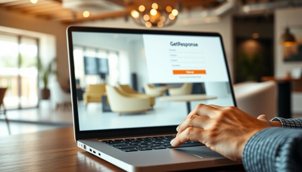 A well-lit, high-quality close-up shot of a person's hands typing on a laptop keyboard, with the laptop screen displaying a GetResponse signup page in the foreground. The background is a blurred, modern office setting with stylish furniture and decor, conveying a sense of professionalism and productivity. The lighting is warm and natural, creating a welcoming and inviting atmosphere. The overall scene reflects the idea of getting started with an email marketing platform to build a complete sales funnel. A well-lit, high-quality close-up shot of a person's hands typing on a laptop keyboard, with the laptop screen displaying a GetResponse signup page in the foreground. The background is a blurred, modern office setting with stylish furniture and decor, conveying a sense of professionalism and productivity. The lighting is warm and natural, creating a welcoming and inviting atmosphere. The overall scene reflects the idea of getting started with an email marketing platform to build a complete sales funnel.