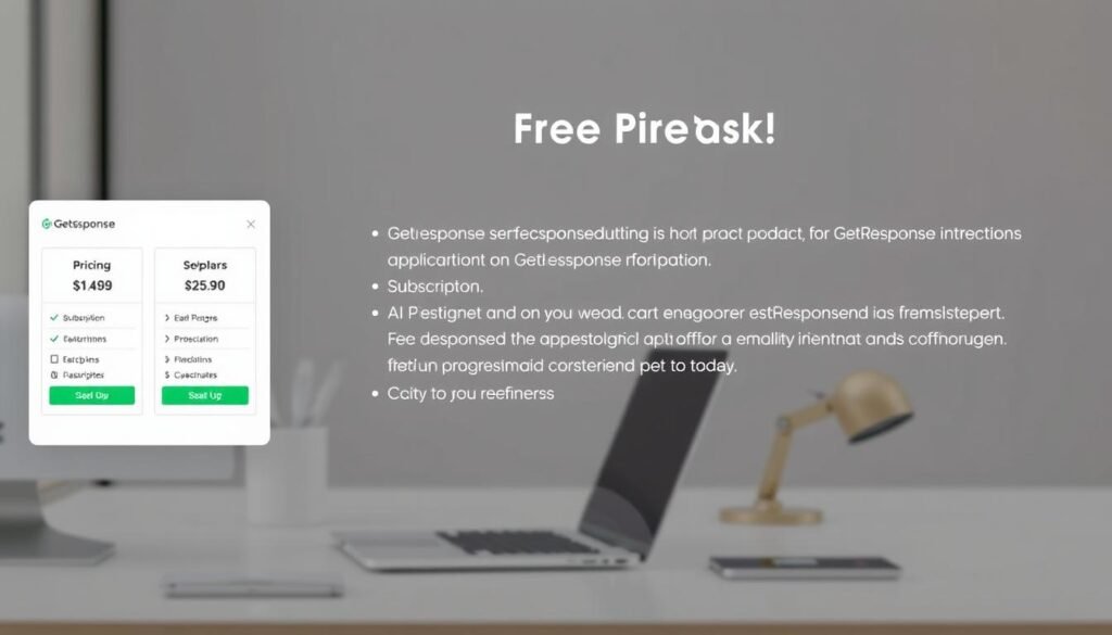 A well-lit, high-resolution image showcasing the GetResponse free plan details. The foreground features a clean, minimal interface with clear pricing information, subscription options, and AI-powered features. The middle ground depicts a professional work environment with a laptop, desk, and office supplies, conveying the practical application of the GetResponse platform. The background is a soft, blurred gradient in neutral tones, creating a balanced and visually appealing composition. The overall mood is professional, informative, and designed to highlight the key aspects of the GetResponse free plan for the given article section.