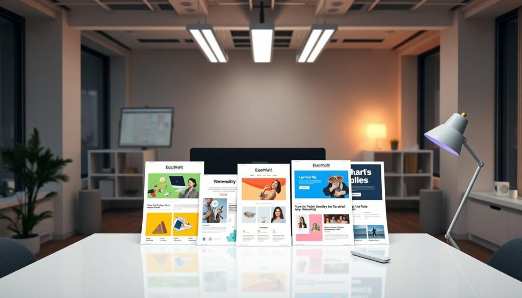 A well-lit, high-resolution office interior with a sleek, minimalist desk setup. On the desk, a selection of attractive email newsletter templates are displayed, showcasing clean typography, vibrant color palettes, and visually engaging layouts. The templates are positioned to showcase their flexibility and customizability, highlighting the robust editing capabilities of the email marketing platform. The overall scene conveys a sense of professionalism, productivity, and design-forward sensibilities, reflecting the capabilities described in the article's section on "Benchmark: robust editor, automation flows, and attractive templates".