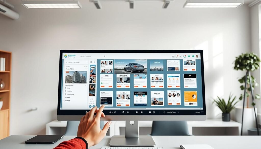 A well-lit, modern office setting with a sleek, intuitive email builder interface on a large desktop monitor. The foreground features a person's hands interacting with drag-and-drop email components, crafting a visually appealing message. The middle ground showcases a variety of responsive email templates in different styles. In the background, a minimalist workspace with clean lines, muted colors, and subtle lighting creates a professional, productive atmosphere. The scene conveys efficiency, user-friendliness, and the convenience of a time-saving, customizable email creation process. A well-lit, modern office setting with a sleek, intuitive email builder interface on a large desktop monitor. The foreground features a person's hands interacting with drag-and-drop email components, crafting a visually appealing message. The middle ground showcases a variety of responsive email templates in different styles. In the background, a minimalist workspace with clean lines, muted colors, and subtle lighting creates a professional, productive atmosphere. The scene conveys efficiency, user-friendliness, and the convenience of a time-saving, customizable email creation process.