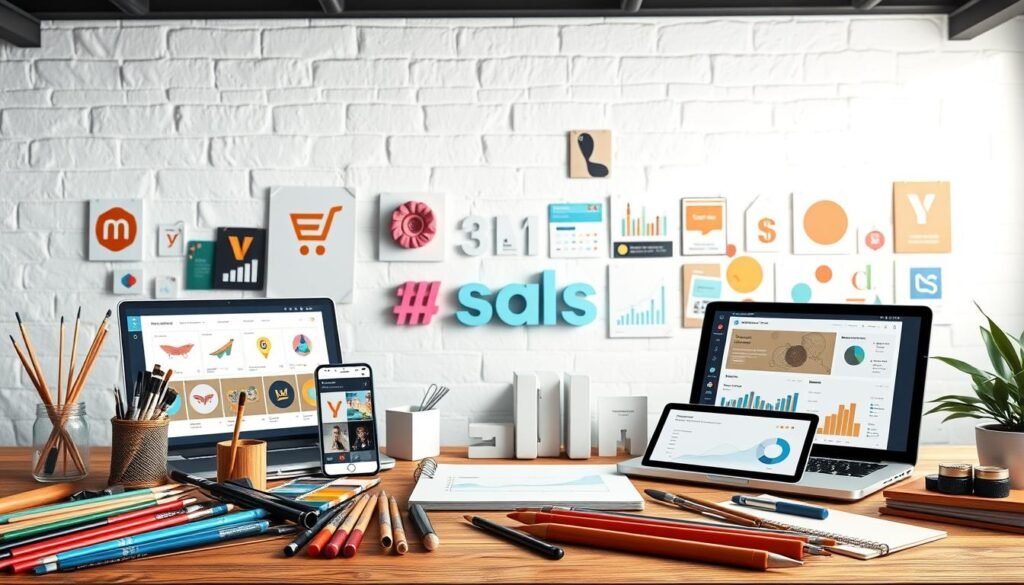 A well-lit studio setting showcasing a contrasting display of creative tools and ecommerce platforms. In the foreground, a variety of analog art supplies - paintbrushes, sketchpads, and a calligraphy set - juxtaposed with a laptop, smartphone, and tablet displaying various ecommerce dashboards. The middle ground features a stylized 3D render of popular online store logos and sales analytics graphs. The background has a minimalist, white-washed wall adorned with inspirational mood boards and color palettes, conveying the intersection of artistic expression and business acumen required for creators navigating the ecommerce landscape. A well-lit studio setting showcasing a contrasting display of creative tools and ecommerce platforms. In the foreground, a variety of analog art supplies - paintbrushes, sketchpads, and a calligraphy set - juxtaposed with a laptop, smartphone, and tablet displaying various ecommerce dashboards. The middle ground features a stylized 3D render of popular online store logos and sales analytics graphs. The background has a minimalist, white-washed wall adorned with inspirational mood boards and color palettes, conveying the intersection of artistic expression and business acumen required for creators navigating the ecommerce landscape.