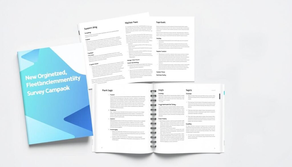 A well-organized, sleek implementation playbook with a clean, minimalist layout. The cover features a gradient of cool blues and greens, with an abstract geometric pattern that suggests the structured, methodical nature of the content. The pages inside have a crisp, white background with plenty of space for text and visuals, evocative of a high-performance, high-efficiency workflow. The overall aesthetic is professional, polished, and inspires confidence in the reader's ability to quickly and effectively implement a successful survey campaign.