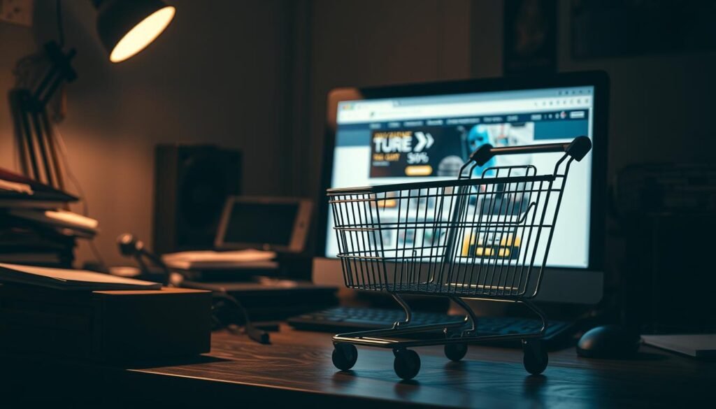 An abandoned shopping cart sits on a dimly lit, cluttered office desk. The cart's metal frame casts long shadows, creating a somber, contemplative atmosphere. In the background, a computer monitor displays a generic e-commerce website, its bright colors and graphics contrasting with the gloomy setting. The scene evokes a sense of missed opportunities, as if the customer had been on the verge of a purchase but ultimately abandoned their virtual cart. Soft, warm lighting from a desk lamp illuminates the scene, adding a touch of melancholy. The overall composition suggests the strategic importance of abandoned cart emails in modern email marketing campaigns. An abandoned shopping cart sits on a dimly lit, cluttered office desk. The cart's metal frame casts long shadows, creating a somber, contemplative atmosphere. In the background, a computer monitor displays a generic e-commerce website, its bright colors and graphics contrasting with the gloomy setting. The scene evokes a sense of missed opportunities, as if the customer had been on the verge of a purchase but ultimately abandoned their virtual cart. Soft, warm lighting from a desk lamp illuminates the scene, adding a touch of melancholy. The overall composition suggests the strategic importance of abandoned cart emails in modern email marketing campaigns.