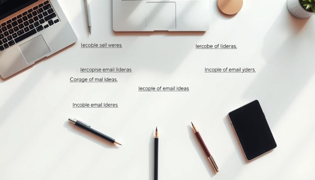 An elegant overhead shot of several email subject lines presented on a sleek white desktop surface, illuminated by soft, natural lighting. The subject lines are displayed in a clean, minimalist typography, with slight variations in size, style, and color to create visual interest. The foreground features a tasteful arrangement of writing instruments, a laptop, and other office accessories, suggesting a professional, productive setting. The background is blurred, maintaining the focus on the subject lines as the central element. This composition evokes a sense of thoughtful curation and attention to effective email marketing strategies.