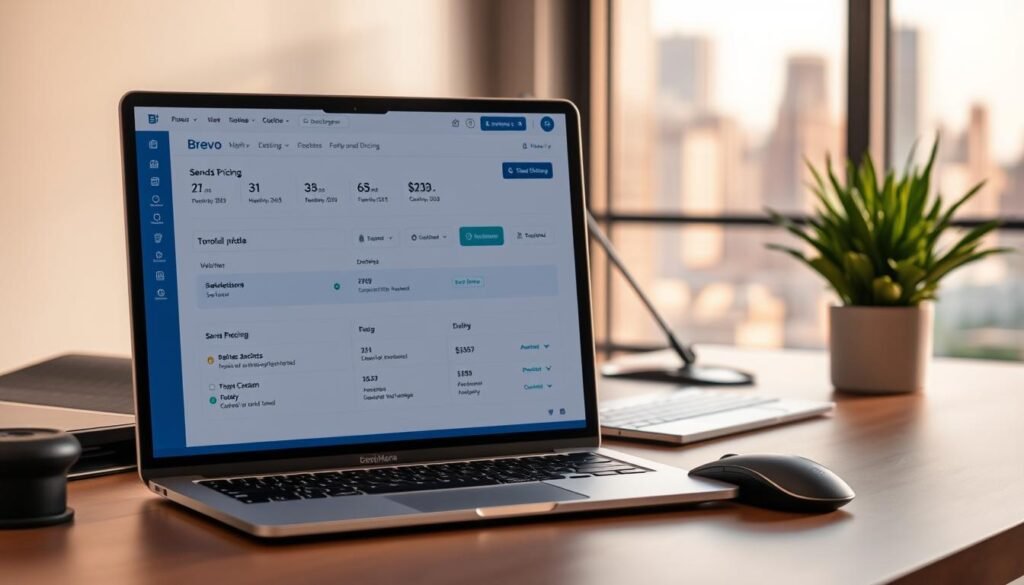 An office workspace with a modern, minimalist aesthetic. In the foreground, a laptop screen displays a Brevo dashboard, showcasing the send-based pricing model with clear statistics and pricing tiers. The middle ground features a tasteful desk setup, including a sleek mouse, keyboard, and a potted plant, all bathed in soft, warm lighting. The background transitions to a blurred cityscape, hinting at the global reach and scalability of the Brevo email marketing platform. The overall mood is one of efficiency, professionalism, and technological sophistication, perfectly complementing the "send-based pricing and strong for low-volume email sends" section of the article.