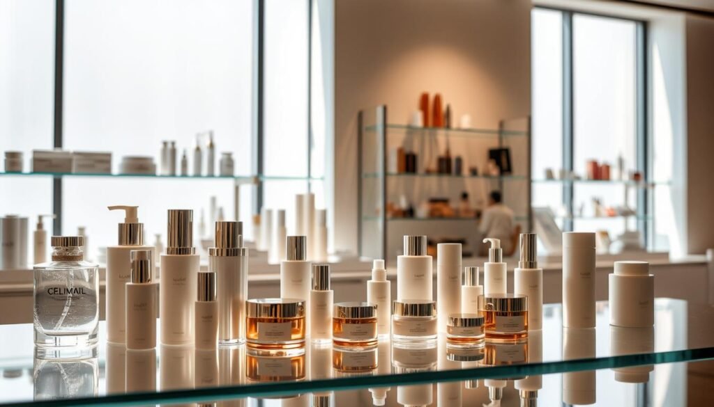Elegant beauty product display in a modern, minimalist storefront. Soft, natural lighting filters through large windows, casting a warm glow on a carefully curated collection of high-end skincare and makeup items. In the foreground, a sleek glass counter showcases a range of luxurious bottles and jars, their packaging design exuding sophistication. Artfully arranged behind the counter, shelves display additional products, their colors and textures complementing each other seamlessly. The overall atmosphere is one of refined simplicity, inviting customers to explore and discover the best beauty solutions for their needs.