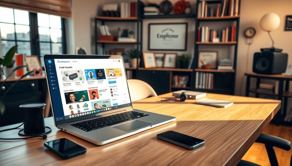 Prompt A clean, well-lit home office with a large desk showcasing a laptop, smartphone, and various marketing tools. In the foreground, an open laptop displaying a GetResponse funnel, webinar, and email marketing dashboard. Warm, natural lighting illuminates the scene, creating a professional and productive atmosphere. In the background, shelves filled with books and office supplies, along with framed certificates or awards highlighting GetResponse's expertise. The overall composition conveys the power and versatility of GetResponse's suite of email marketing solutions for online course creators. Prompt A clean, well-lit home office with a large desk showcasing a laptop, smartphone, and various marketing tools. In the foreground, an open laptop displaying a GetResponse funnel, webinar, and email marketing dashboard. Warm, natural lighting illuminates the scene, creating a professional and productive atmosphere. In the background, shelves filled with books and office supplies, along with framed certificates or awards highlighting GetResponse's expertise. The overall composition conveys the power and versatility of GetResponse's suite of email marketing solutions for online course creators.