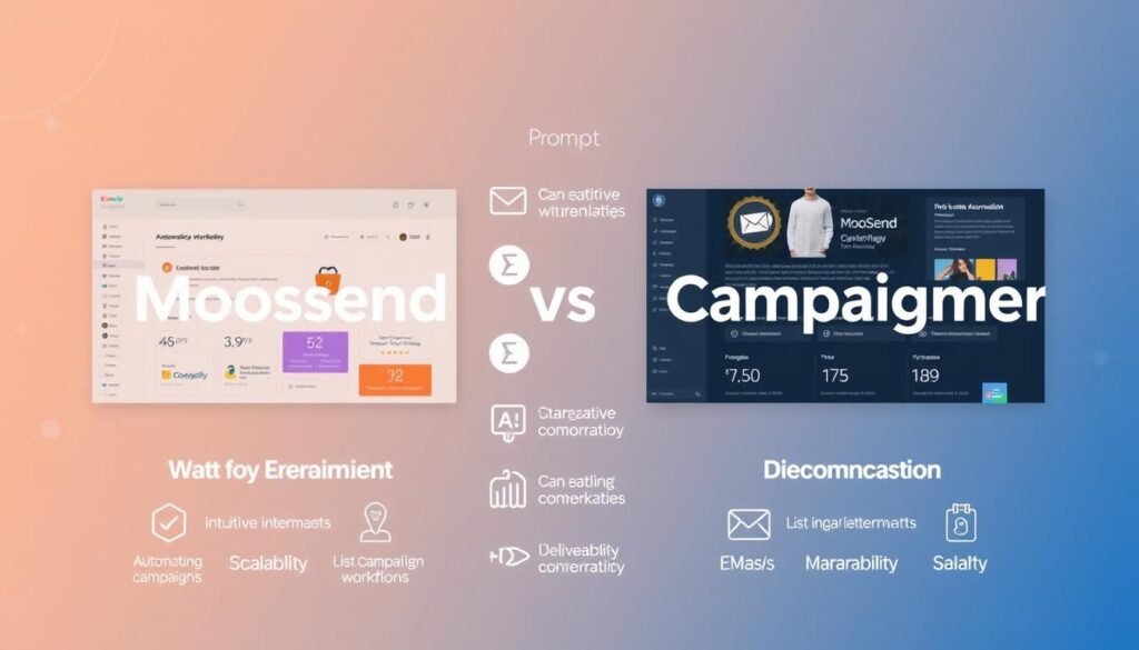 Prompt A detailed side-by-side comparison of Moosend and Campaigner, two leading email marketing platforms. In the foreground, sleek modern interfaces with intuitive automation workflows and detailed campaign analytics. In the middle ground, icons and infographics highlighting the key differences in scalability, list management, and deliverability. The background features a soft gradient with subtle textures, creating a clean, professional aesthetic. The overall mood is one of informed decision-making, with the image providing a visually compelling overview of the platforms' respective strengths and weaknesses.