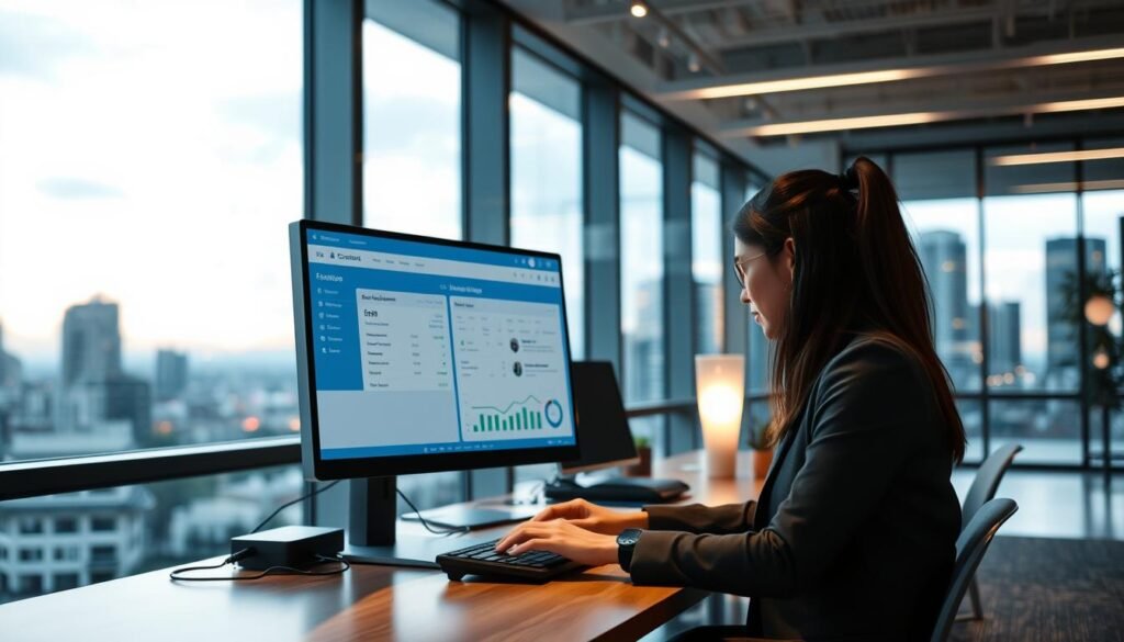 Prompt A sleek, modern office interior with large windows overlooking a cityscape. In the foreground, a computer monitor displays a user interface with fundraising forms, CRM integrations, and email marketing tools. The middle ground features a professional working at their desk, hands hovering over a keyboard, focused on the task at hand. Subtle ambient lighting casts a warm glow, creating a productive and collaborative atmosphere. The background showcases the bustling city beyond, reflecting the dynamic nature of nonprofit and charity work. The overall scene conveys efficiency, connectivity, and a sense of purpose in leveraging technology to drive successful fundraising campaigns. Prompt A sleek, modern office interior with large windows overlooking a cityscape. In the foreground, a computer monitor displays a user interface with fundraising forms, CRM integrations, and email marketing tools. The middle ground features a professional working at their desk, hands hovering over a keyboard, focused on the task at hand. Subtle ambient lighting casts a warm glow, creating a productive and collaborative atmosphere. The background showcases the bustling city beyond, reflecting the dynamic nature of nonprofit and charity work. The overall scene conveys efficiency, connectivity, and a sense of purpose in leveraging technology to drive successful fundraising campaigns.