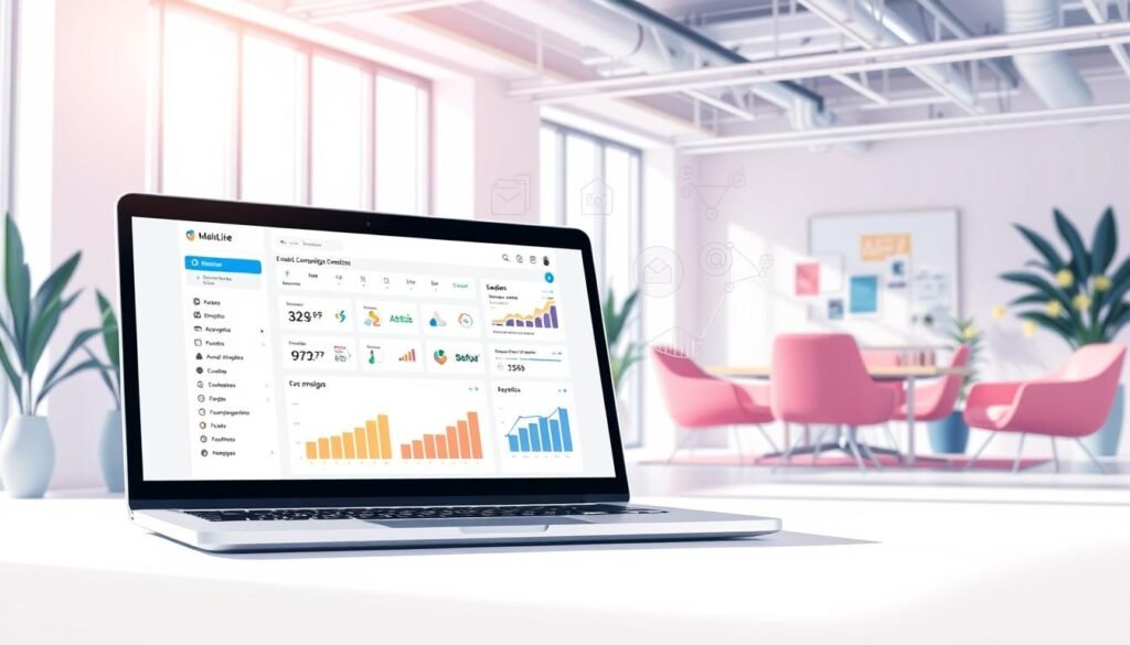 Prompt A vibrant, modern digital illustration depicting the MailerLite email marketing platform. In the foreground, a sleek laptop screen displays the MailerLite dashboard, showcasing its intuitive user interface and a range of email campaign creation tools. In the middle ground, colorful graph icons and data visualizations represent the platform's analytics and reporting capabilities. The background features a minimalist office setting with clean lines, contemporary furniture, and natural lighting streaming through large windows, creating a professional and productive atmosphere. The overall scene conveys MailerLite's user-friendly design, versatile features, and suitability for both budding and seasoned email marketers. Prompt A vibrant, modern digital illustration depicting the MailerLite email marketing platform. In the foreground, a sleek laptop screen displays the MailerLite dashboard, showcasing its intuitive user interface and a range of email campaign creation tools. In the middle ground, colorful graph icons and data visualizations represent the platform's analytics and reporting capabilities. The background features a minimalist office setting with clean lines, contemporary furniture, and natural lighting streaming through large windows, creating a professional and productive atmosphere. The overall scene conveys MailerLite's user-friendly design, versatile features, and suitability for both budding and seasoned email marketers.