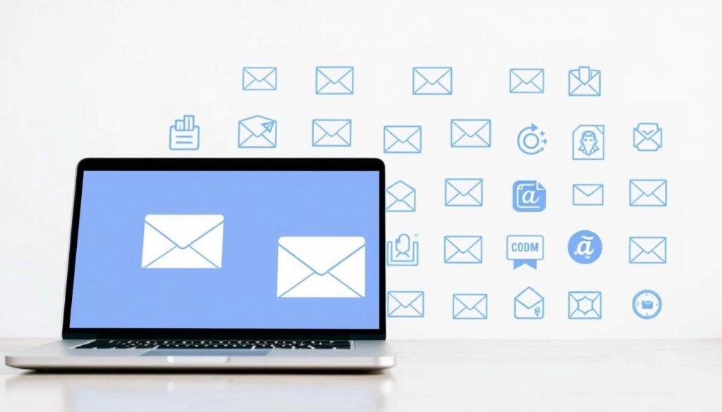 Side picks email marketing tools with a modern, minimalist aesthetic. In the foreground, two email application windows are displayed on a sleek, silver laptop. The middle ground features a variety of email marketing icons and logos, including envelopes, charts, and call-to-action buttons, all in a cohesive color palette of blues, grays, and whites. The background has a soft, blurred gradient that evokes a professional, corporate feel. The overall composition is clean, balanced, and reflective of the modern, high-performance email marketing platforms highlighted in the "Side Picks" section of the article.