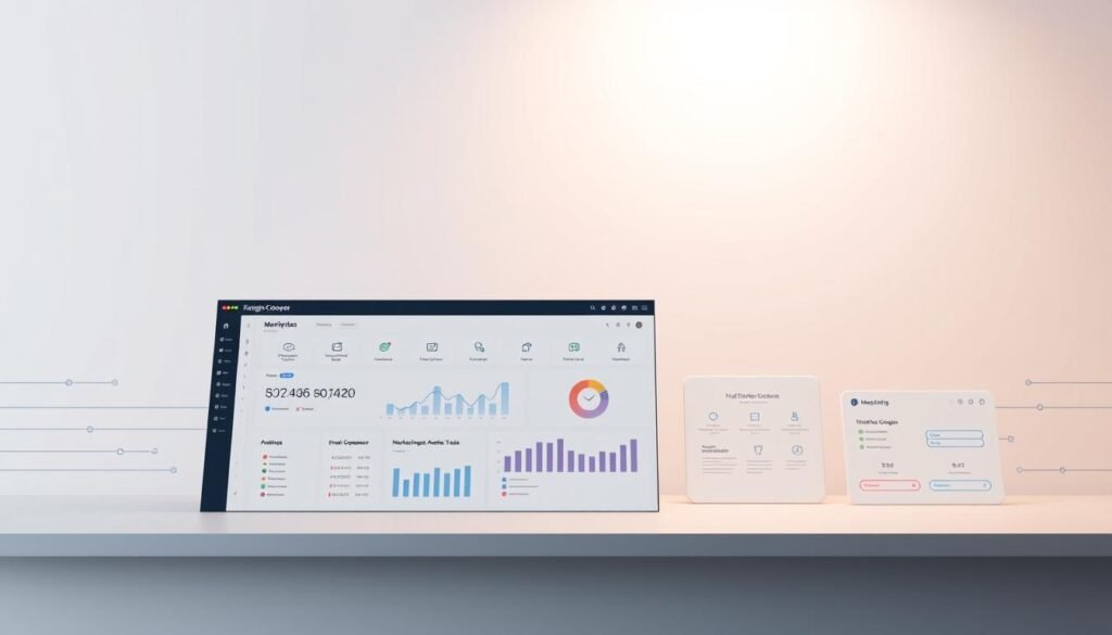 Sleek and modern marketing platform rendered in a clean, minimalist style. A central dashboard occupies the foreground, featuring intuitive data visualizations and user-friendly controls. The middle ground showcases various integrated tools - email composer, analytics suite, lead generation forms. In the background, a neutral color palette creates a sense of professional sophistication, complemented by subtle grid lines and geometric accents that convey technological sophistication. Soft, diffused lighting casts a warm glow, evoking a productive, efficient workflow. The overall composition strikes a balance between form and function, reflecting the platform's ability to streamline marketing operations.