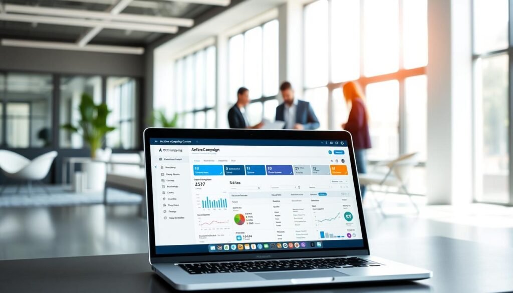 Sleek and modern office space with a focus on digital marketing automation. In the foreground, a laptop displays the ActiveCampaign dashboard, showcasing its advanced features and intuitive interface. In the middle ground, a team of marketers collaborates, discussing campaign strategies and analyzing real-time data. The background is filled with minimalist, clean-lined furniture, with large windows allowing natural light to flood the room, creating a bright and productive atmosphere. The scene conveys a sense of efficiency, innovation, and the power of data-driven marketing automation. Sleek and modern office space with a focus on digital marketing automation. In the foreground, a laptop displays the ActiveCampaign dashboard, showcasing its advanced features and intuitive interface. In the middle ground, a team of marketers collaborates, discussing campaign strategies and analyzing real-time data. The background is filled with minimalist, clean-lined furniture, with large windows allowing natural light to flood the room, creating a bright and productive atmosphere. The scene conveys a sense of efficiency, innovation, and the power of data-driven marketing automation.
