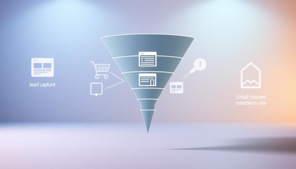 Systeme.io funnels: a sleek, modern visual representation of a robust automated sales funnel system. In the foreground, a stylized funnel shape takes center stage, its clean lines and minimalist design hinting at Systeme.io's efficiency and user-friendly interface. The middle ground showcases key funnel elements like lead capture forms, email automation, and e-commerce integration, all rendered in a crisp, high-contrast style. In the background, a soft, gradient-rich environment suggests the boundless potential of Systeme.io's platform, with subtle visual cues alluding to its versatility in supporting email marketing, online courses, and membership sites. The overall mood is one of professionalism, simplicity, and a touch of modern elegance - reflecting Systeme.io's position as a budget-friendly, feature-rich solution for automated sales funnels. Systeme.io funnels: a sleek, modern visual representation of a robust automated sales funnel system. In the foreground, a stylized funnel shape takes center stage, its clean lines and minimalist design hinting at Systeme.io's efficiency and user-friendly interface. The middle ground showcases key funnel elements like lead capture forms, email automation, and e-commerce integration, all rendered in a crisp, high-contrast style. In the background, a soft, gradient-rich environment suggests the boundless potential of Systeme.io's platform, with subtle visual cues alluding to its versatility in supporting email marketing, online courses, and membership sites. The overall mood is one of professionalism, simplicity, and a touch of modern elegance - reflecting Systeme.io's position as a budget-friendly, feature-rich solution for automated sales funnels.