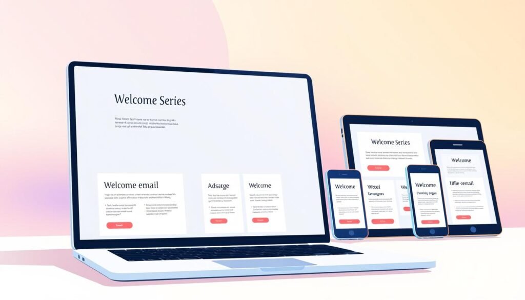 a detailed digital illustration of a welcome series for email marketing, featuring a clean and modern design with vibrant colors. in the foreground, a laptop display showcases a series of email templates with simple yet elegant typography and layout. in the middle ground, various digital devices such as smartphones and tablets are arranged, each displaying different stages of a welcome email sequence. the background depicts a soft, gradient-based environment, suggesting a sense of technology and digital space. the overall mood is professional, inviting, and optimized for email marketing campaigns. a detailed digital illustration of a welcome series for email marketing, featuring a clean and modern design with vibrant colors. in the foreground, a laptop display showcases a series of email templates with simple yet elegant typography and layout. in the middle ground, various digital devices such as smartphones and tablets are arranged, each displaying different stages of a welcome email sequence. the background depicts a soft, gradient-based environment, suggesting a sense of technology and digital space. the overall mood is professional, inviting, and optimized for email marketing campaigns.